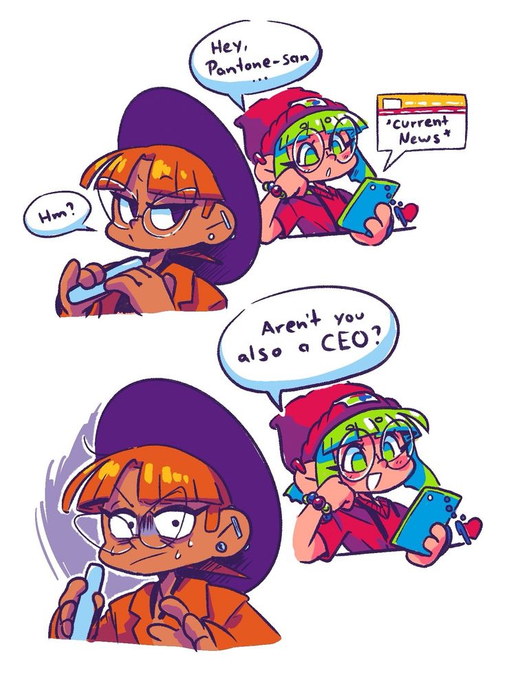 A drawing of my original characters. RGB-chan is on her phone reading news. She is asking Pantone-san who is filibg their nails: „Hey Pantone-san… aren‘t you also a CEO?“ 
Pantone-san has a terrifying realization…
