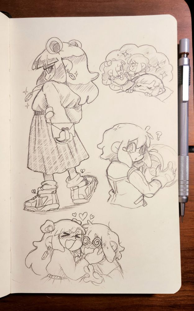A sketchbook page filled with drawings ofy original characters Haru and Hilda. Drawing 1: a back view of Haru looking over her shoulder. She is holding a love letter. Drawing 2: Haru is dreaming of a romantic interaction between her and Hilda. Drawing 3: Hilda taking off her 🛵 helmet, looking over her shoulder. Drawing 4: Haru obsessively cuddling Hilda.