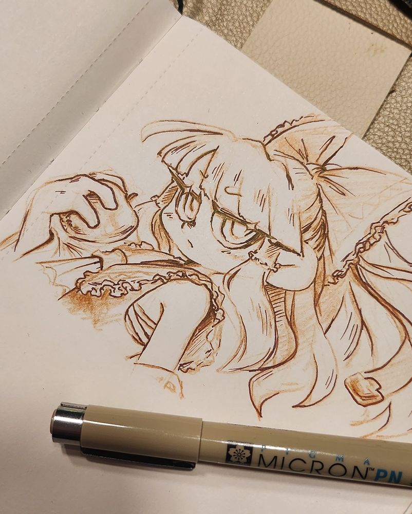 A sepia style sketch of Hakurei Reimu holding an apple