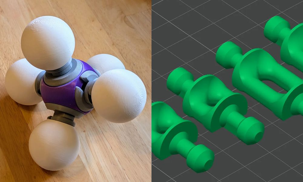 Left: Photo of a 3D printed molecule with a trigonal bipyramidal arrangement (a central atom with 5 surrounding hydrogen atoms arranged at 90 and 120 degree angles).

Right: Screenshot of a series of molecule bonds ready to be sliced for 3D printing.