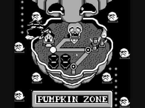 Screenshot of the Pumpkin Zone world map from Super Mario Land 2 for the Nintendo Gameboy.