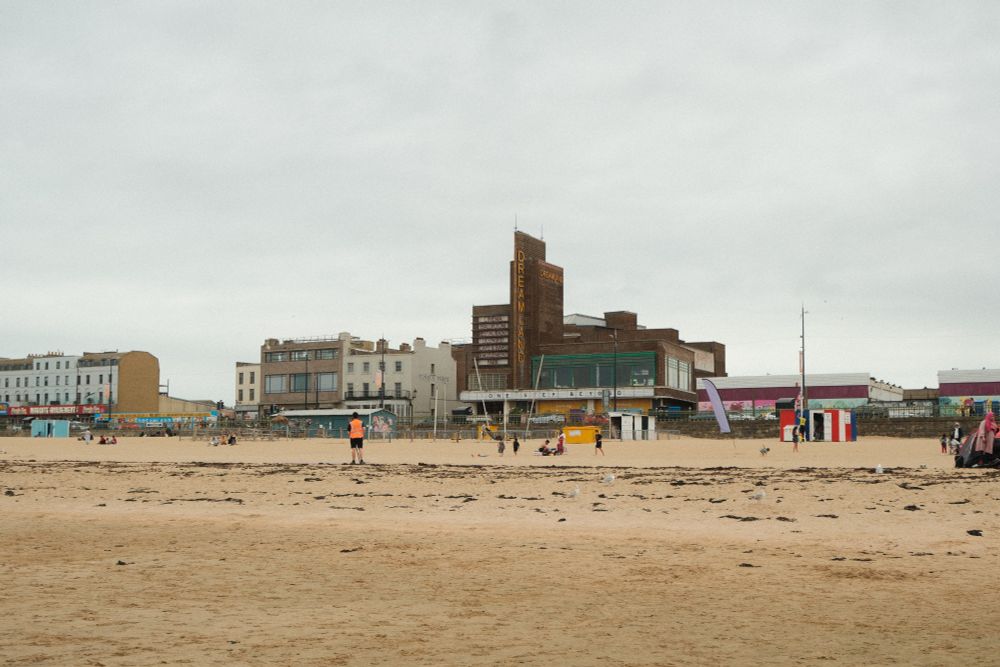 The beach and the Margate Dreamland building in the background. 
