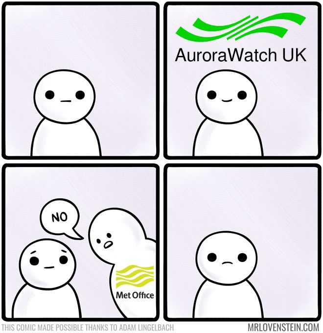A person, made slightly happy at the aurora forecasts, has their hopes dashed by the met office. Original comic by @mrlovenstein.bsky.social