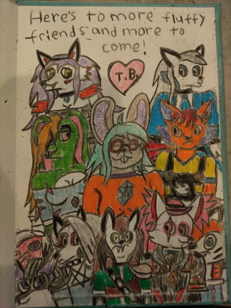 Special group photo art I made on the last page of a current sketchbook featuring all my ocs along with kimiko five tails from Fortnite and loona from helluva boss