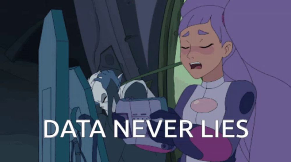 a cartoon of a girl with purple hair and the words " data never lies "