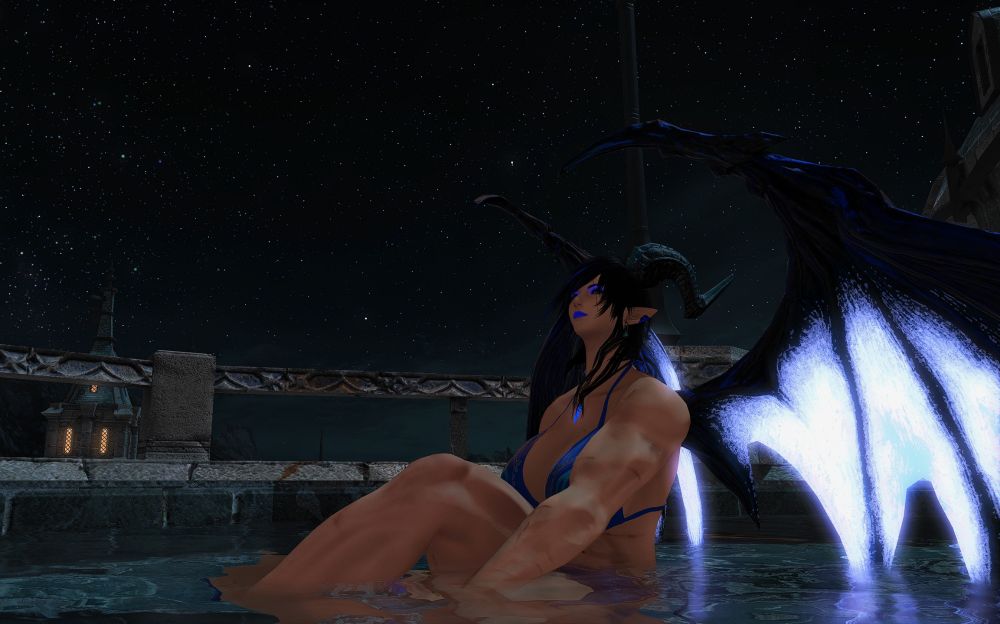 Kira relaxing in the spa in Ishgard, looking up at the stars in awe.