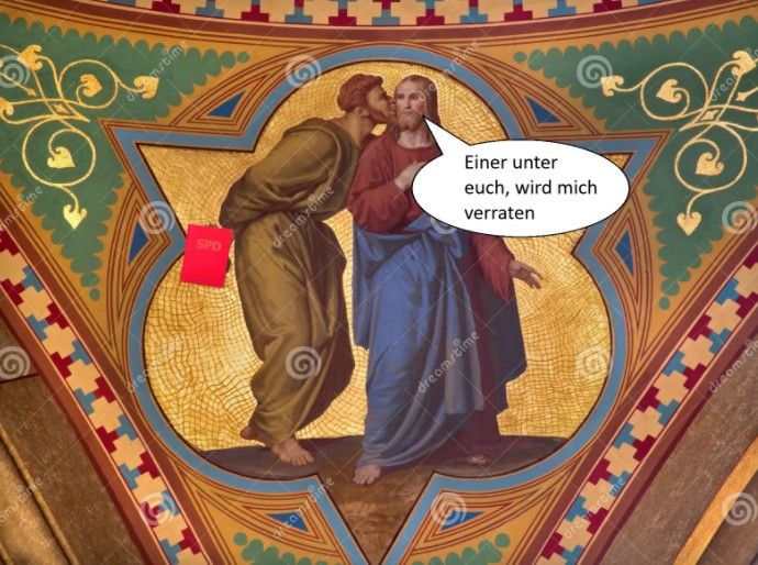 Gemälde von Judas, der Jesus auf die Wange küsst und dabei die Hände hinter seinem Rücken hat.

Es wurde mit Paint stümperhaft ein SPD-Parteibuch in die Hände kopiert. Jesus sagt: "Einer unter euch wird mich verraten"