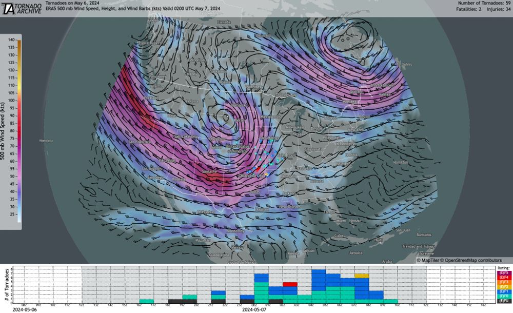 From a forthcoming release: tornadoes the across the US on 6 May 2024 with 500 mb heights, winds, and wind speed at 02Z 7 May.