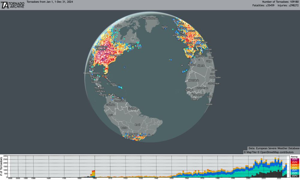 From a forthcoming release: all documented tornadoes plotted on a globe with the eastern North America, parts of south America, western Africa, and Europe visible.