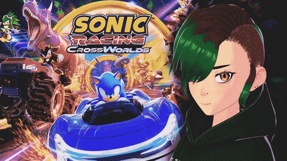 a dithered image of Roadie in a hoodie standing in front of the Sonic Racing Crossworlds video game artwork.