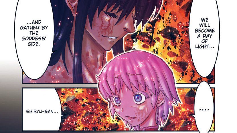 Shiryu: We will become a ray of light...
...and gather by the Goddess' side

Saori:... Shiryu-san...