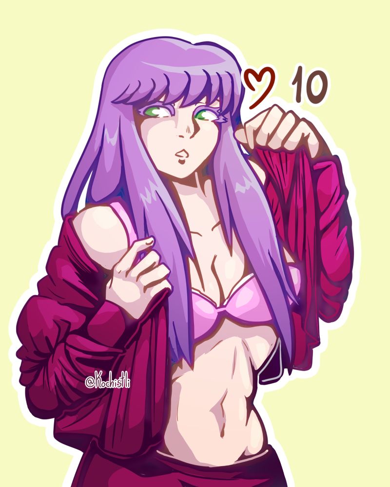10 likes: Saori Kido with an unbuttoned shirt showing her bra and stomach