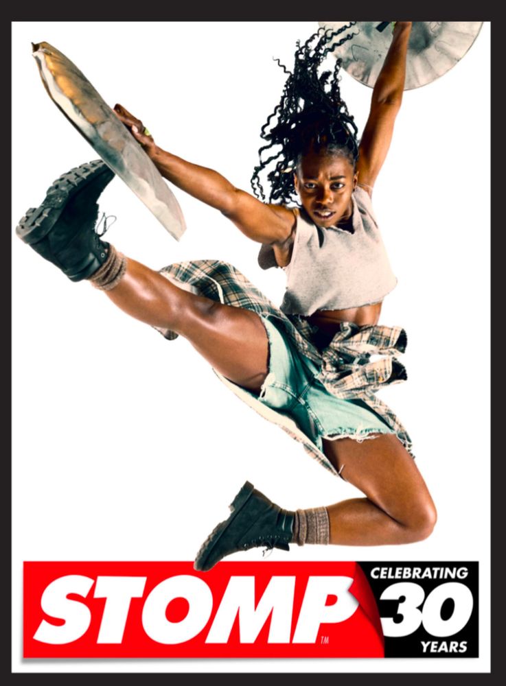 Playbill cover for STOMP features a young Black woman mid-jump holding a trash can lid in each hand. Text reads "STOMP: Celebrating 30 years"