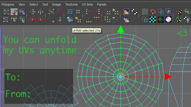 Screenshot of the Maya UV editor window with green text that says "You can unfold my UVs anytime". There is a box in the corner that says "To" and "From".