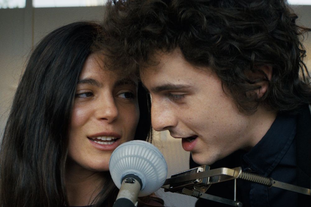 A Complete Unknown still featuring Bob Dylan and Joan Baez singing 
