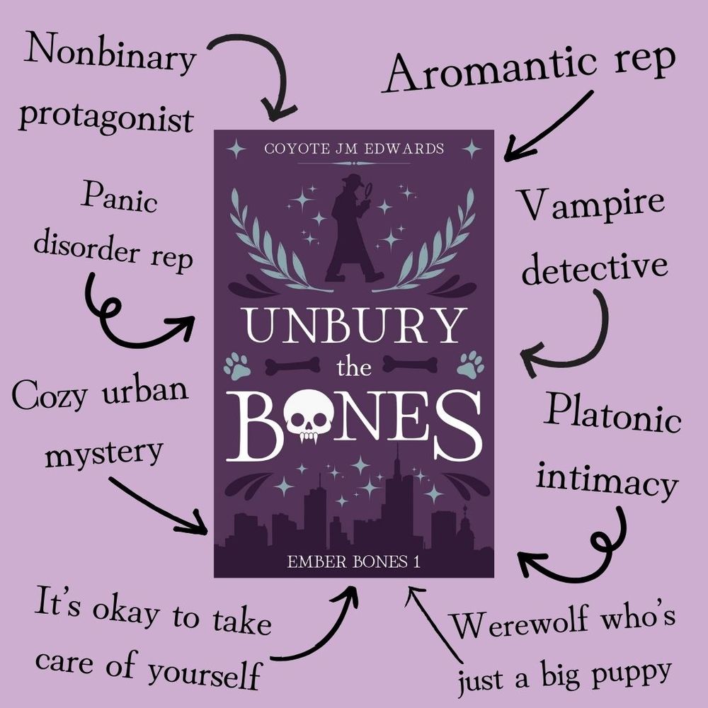The cover of Unbury the Bones with some attributes around it. "Nonbinary protagonist." "Aromantic rep." "Panic disorder rep." "Vampire detective." "Cozy urban mystery." "Platonic intimacy." "It's okay to take care of yourself." "Werewolf who's just a big puppy."