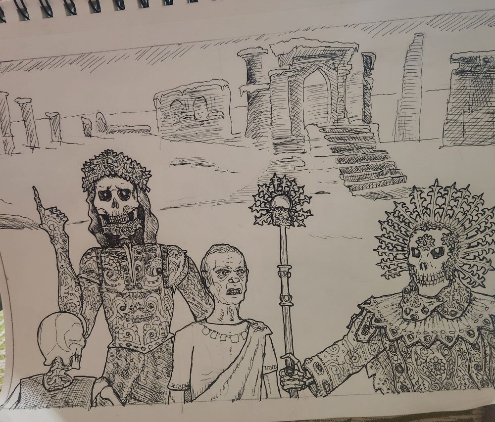a drawing of a number of baroquely decorated undead standing in fro t of some icy ruins