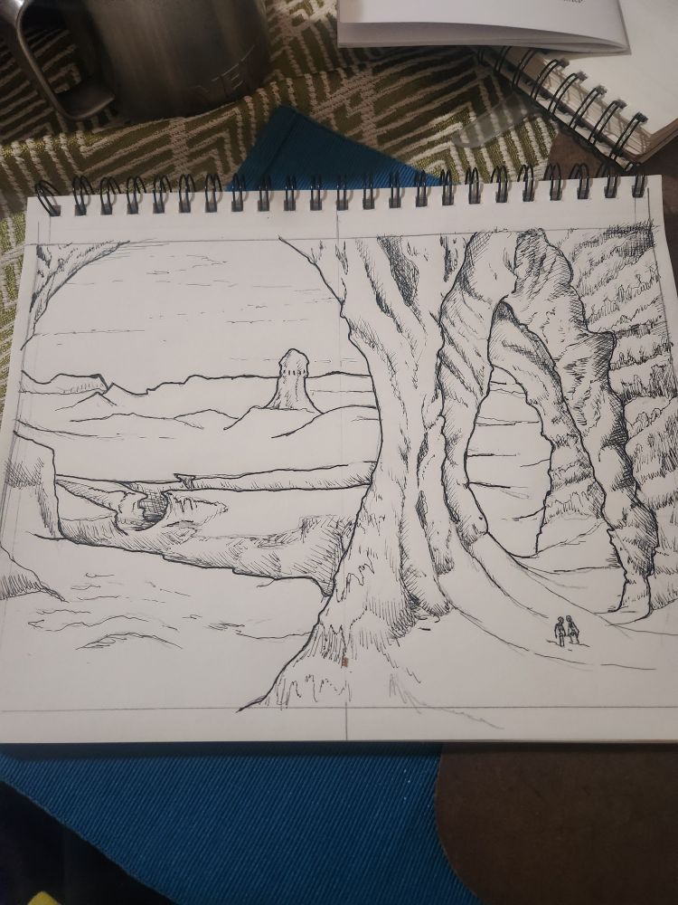 an ink drawing of an arctic waste seen from within a cave