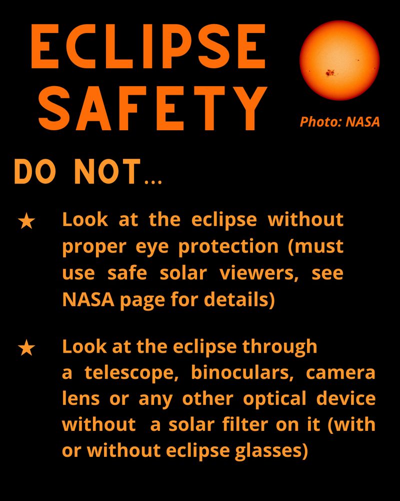 Text with eclipse safety precautions and image of sun from NASA