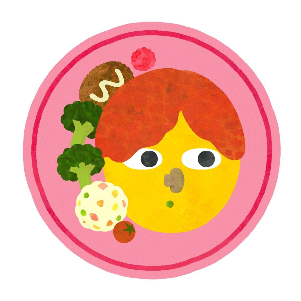 the artist's self-portrait depicted as a plate of food. an omelet topped with tomato sauce hair, mushroom nose, green pea mouth, and a pair of human eyes serve as the face, surrounded by various sides: a cherry tomato, a potato salad, broccoli, a cream croquette, and a pile of pink ginger
