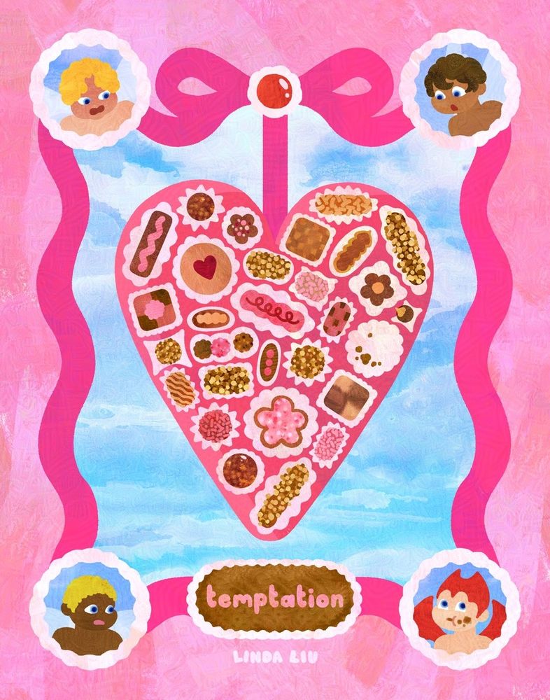 a giant heart-shaped box of valentine's day chocolate bonbons... with one missing! the cherubs surrounding the box look to the devil in disguise as the culprit