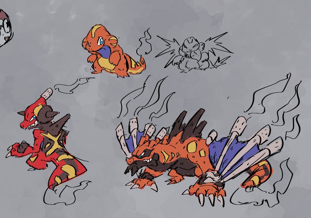 Charmander -> Charmeleon -> Charizard [Fire -> Fire -> Fire/Ground]
-Inspired by Delinquents and "Making Noise". I wanted to make it more like a fire salamander so I gave them fatter tails to reflect that