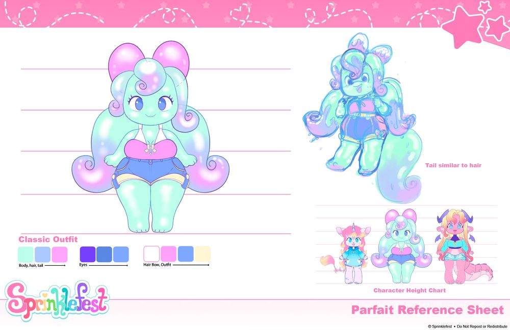 Character Reference sheet for Partfait the Slime. Shows a green purple and pink slime character. They are wearing a pink and white top with purple and yellow shorts. They have their hair in two low pigtails and a large pink bow behind their head. Their hair is the same color as the body. Below them are color swatches and the logo Sprinklefest. On the right there is an additional view of the same character. This image is a 3/4 view to show the characters tail which matches its hair. Below that is a line up of additional Sprinklefest characters including Sprinklecorn the unicorn, Parfait the Slime and Sorbet the Dragon. There are some additional text on the page as follows.
Tail Similar to hair. 
Sorbet Reference Sheet. 