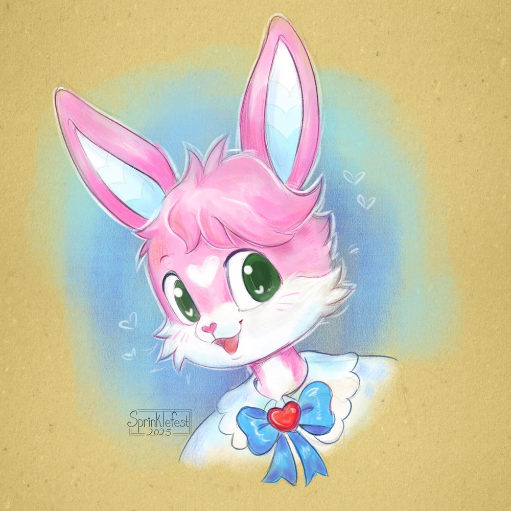 Art fight attack for PostitPonies. A digital drawing of a smiling pink bunny character on a yellow toned paper background. They are wearing a white shirt with a large blue bow around the collar fixed with a red heart.