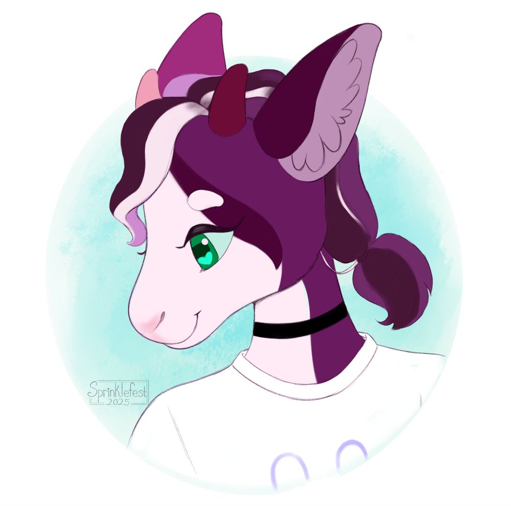 Art fight attack for Mooeena. A digital drawing of a purple and white goat character on a white background. The character has bangs and a short pony tail and are wearing a white tshirt. 