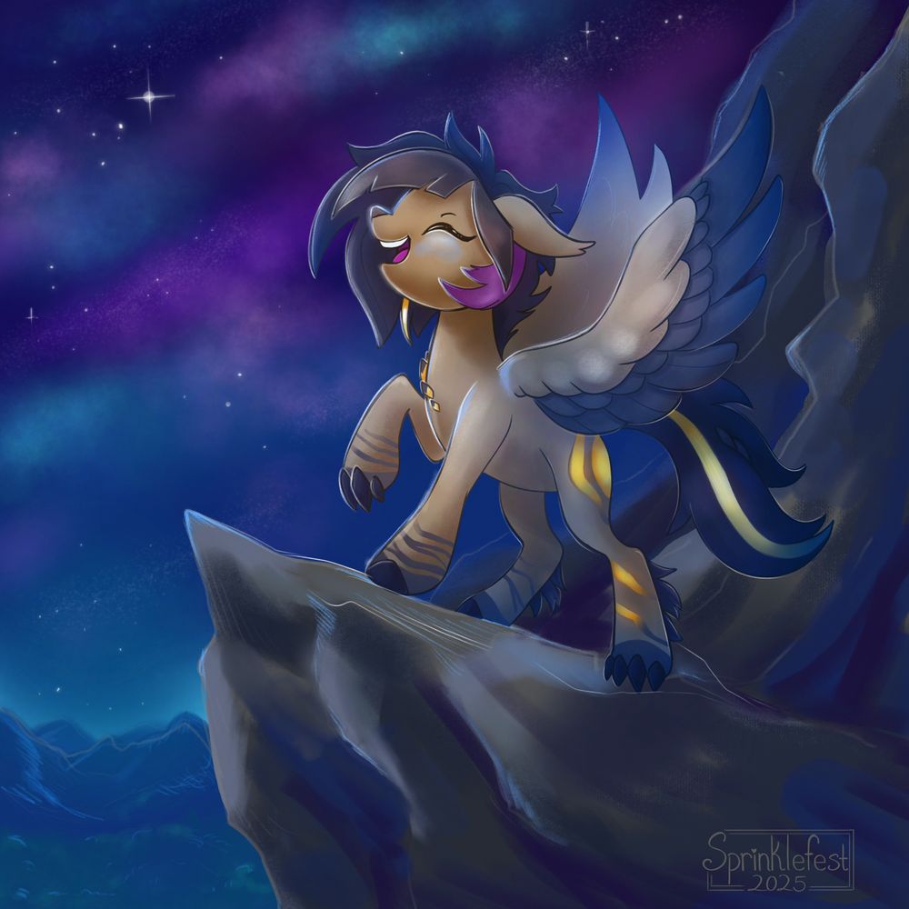 A digital drawing of a my little pony fan character for DawnF1re on Artfight. The character is a mix of a timber wolf and a pony and have a brown body, dark brown markings and brown and dark brown wings. She has a short, spiky haircut with purple and gold accents. Her legs are a mix of pony legs and clawed feet with brown and gold stripped markings going up the side. She is standing on a mountain smiling up at a colorful starry night sky with mountains and trees down below. The signature at the bottom says "Sprinklefest 2025".