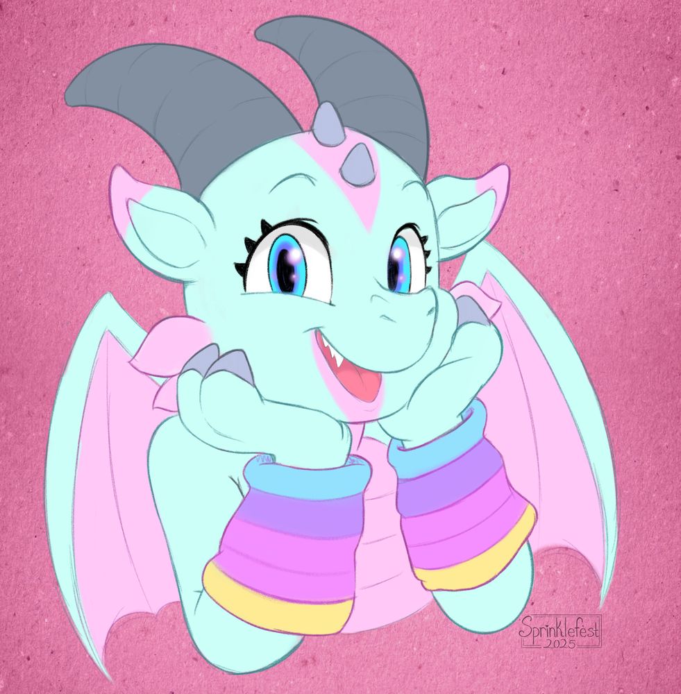 Art fight attack for SnakyDawn. Digital drawing of a mint green dragon on a reddish paper like background. They are resting their face on their hands with a smiling expression. They also have large curled gray horns, pink markings on their face and ears and mint and green wings. There are wearing stripped arm warmers. 
