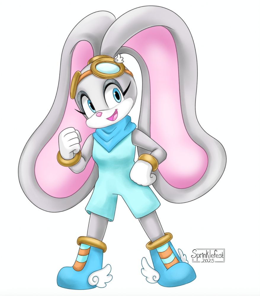 Art fight attack for Reskell. A digital drawing of a grey rabbit sonic oc on a white background. They have large ears tied up like a ponytail behind them and are in a confident pose. They are wearing a blue neck scarf, a teal outfit and blue shoes with wings at the soles and have golden goggles on their forehead.