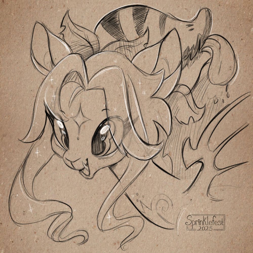 Digital pencil sketch on brown craft paper of Kiwiisaur's character from Artfight 2025. Character has large eyes, a happy expression with a single fang showing, long face framing hair, and a plant creature growing from the back of their head. 

