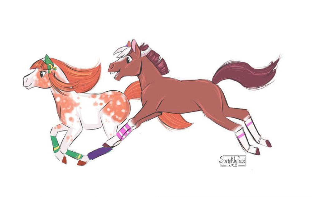 Digital drawing of two horses running. One is white with speckled orange markings and orange hair while the other is brown with white socks. 
