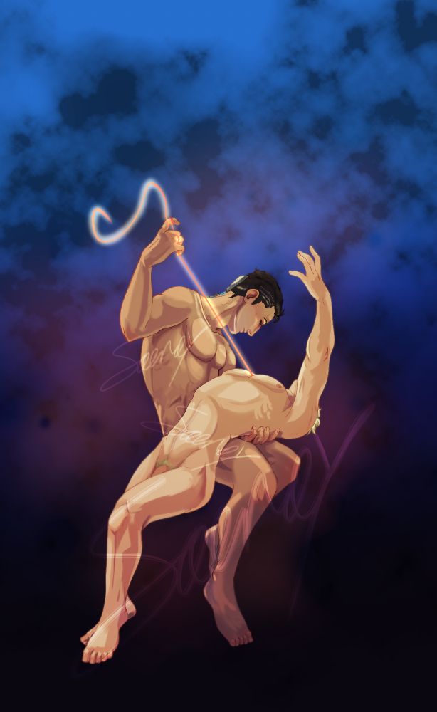 A digital artpiece of Two naked men floating against black and blue background. One lies half across the other's lap. The one holding the other is pulling a glowing thread from the other one's chest.