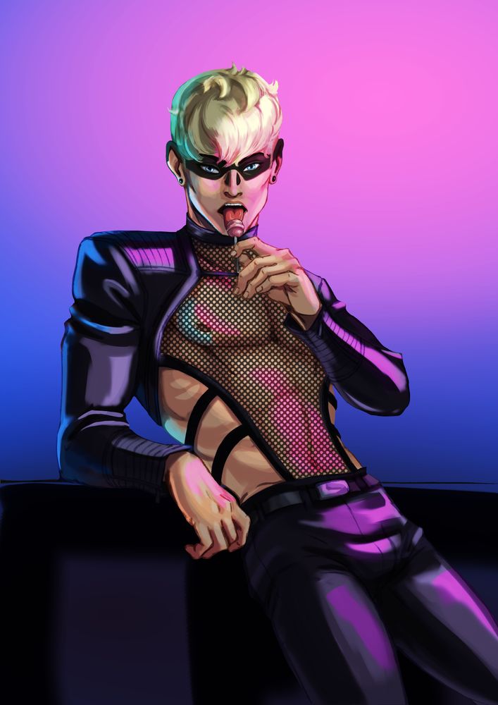 Digital painting of a blonde guy with a tattoo over his eyes and a mesh shirt eating a lollipop and leaning on a counter.