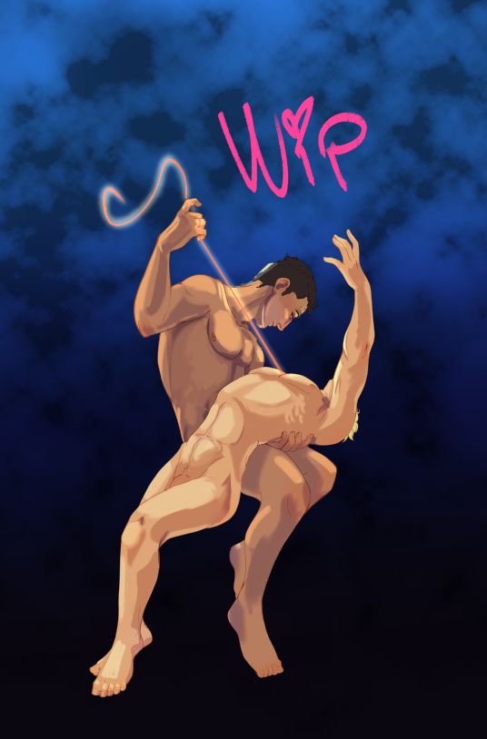 work in progress of a digitla painting. Two men floating against a black and blue background. One of them is holding the other across his lap and pulling out a glowing thread out of their chest.
