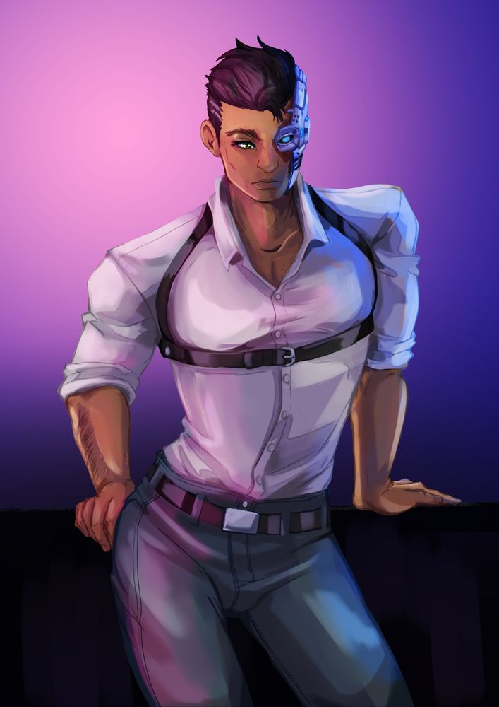 digital painting of a guy with a cyborg eye leaning on a counter behind him. he's wearing a white shirt, harness and jeans.