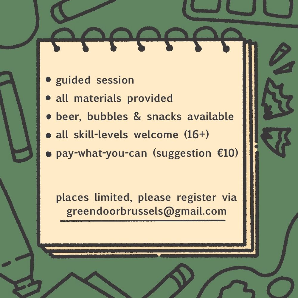 Text reads: guided session, all materials provided, beer + bubbles + snacks, all skill levels welcome, pay what you can