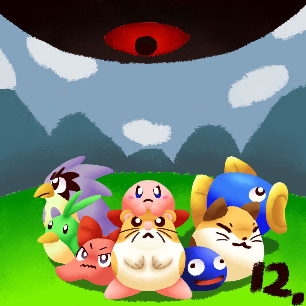 Kirby and his animal friends are standing in a semicircle looking up at a large mass of Dark Matter in the sky. Kirby is riding atop of Rick the Hamster in the middle of the circle.