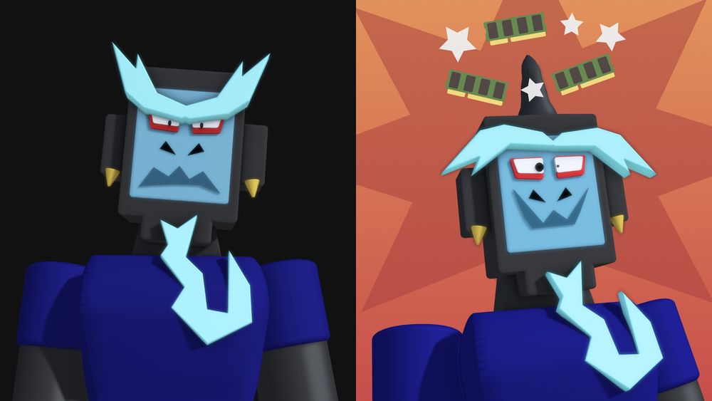 left image: an evil robot man that is somewhat scary.
right image: the same evil robot man now looking goofy after taking a blow to the head. stars and computer RAM circle above him.