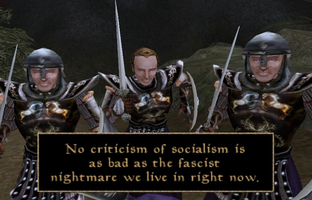 Image of 3 imperial guards in Morrowind chasing you. Dialogue box says "no criticism of socialism is as bad as the fascist nightmare we live in right now".