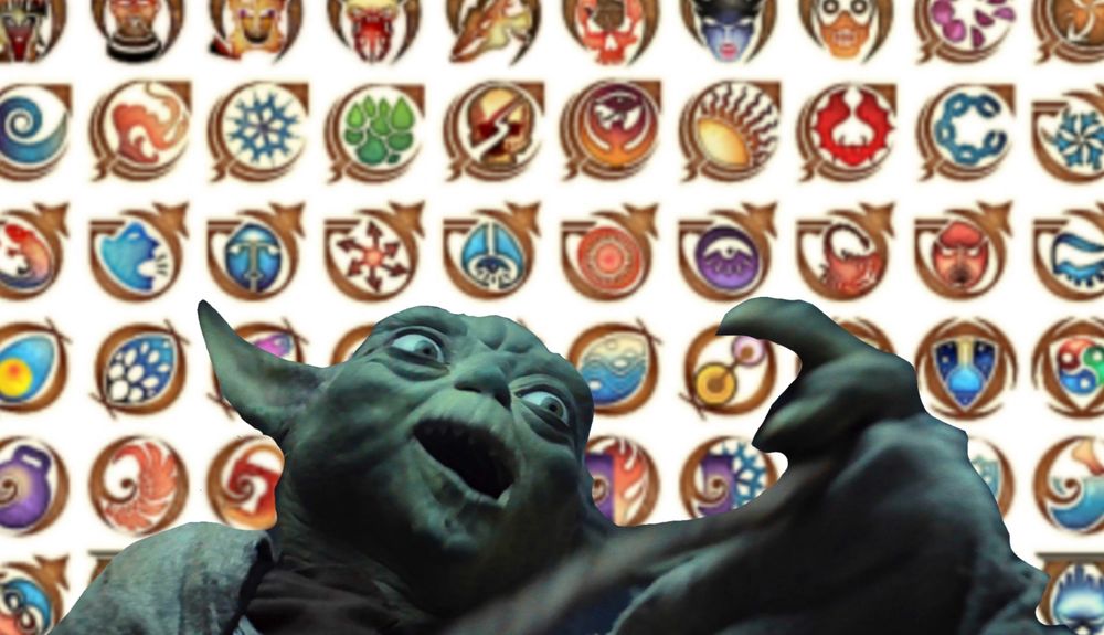 Yoda from Empire Strikes Back falling backwards with a terrified look on his face. Behind him the entire background is Oblivion status effects