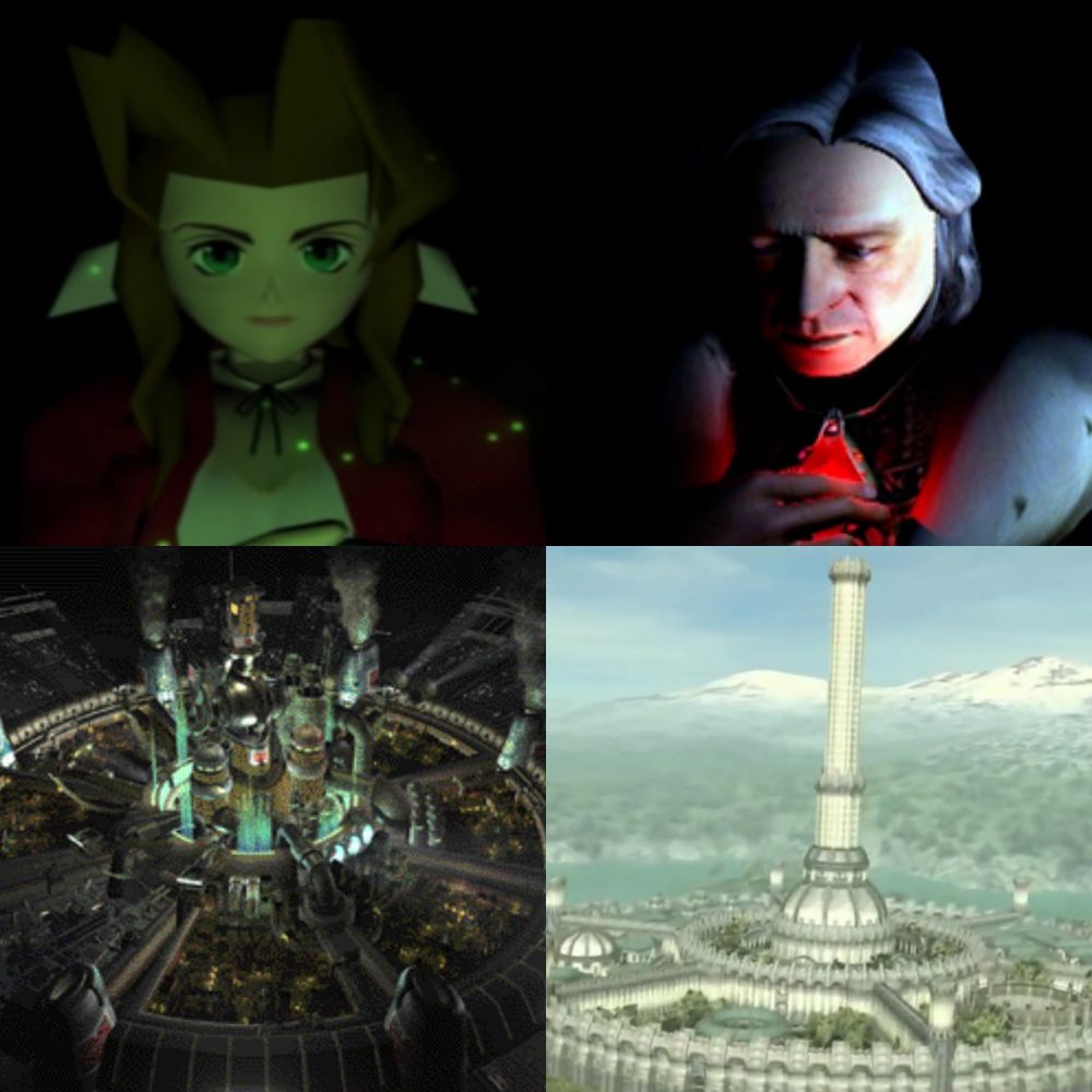 Images of Aeris and Midgar from the FFVII opening cinematic next to images of Uriel Septim VII and the imperial city from the oblivion opening cinematic 