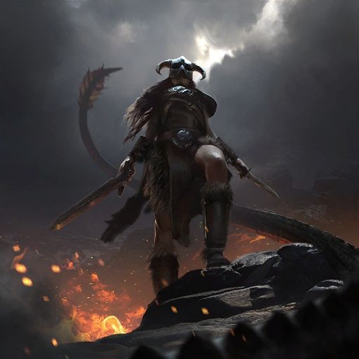 Legends artwork of female Dragonborn wearing the iconic iron helmet and holding a sword and dagger. 