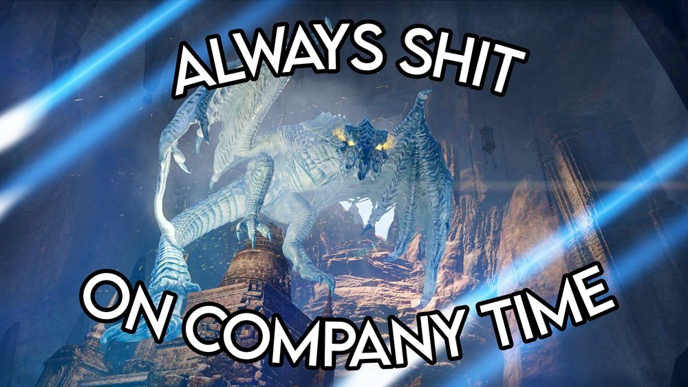 The dragon luminary from the ESO scribing questline. Text says "Always shit on company time"