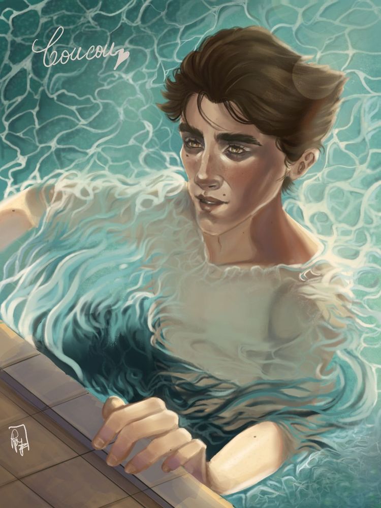 A digital drawing of Viktor from Arcane, swimming in a pool. He is tanned and slightly sun burnt. 