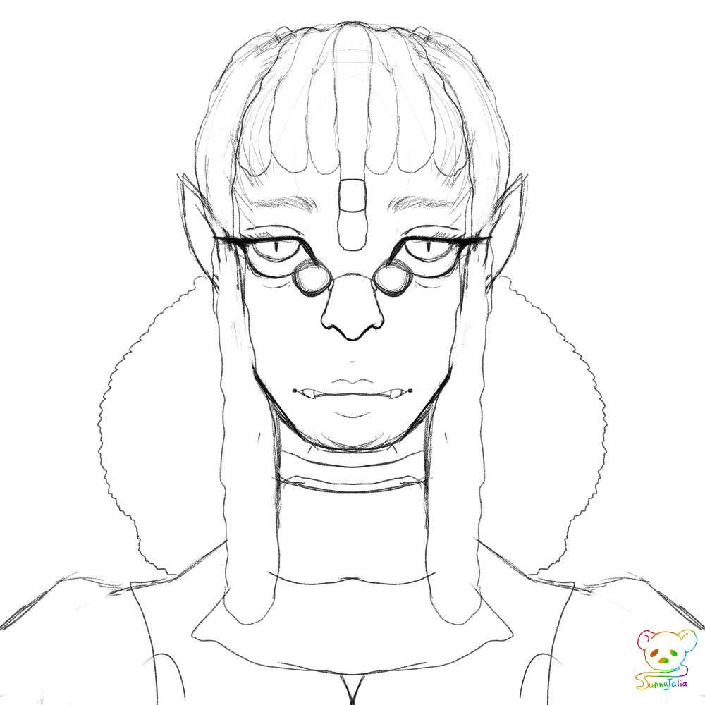 Charming Rose Von Behelem.
My Aasimar warlock
His eyes give off a dead look, as if he is seeing beyond you and into your soul
His bangs are loc'd but the rest of his hair rests in a low frizzy ponytail. He wears small glasses for reading. He is showing off his two near orc like canines