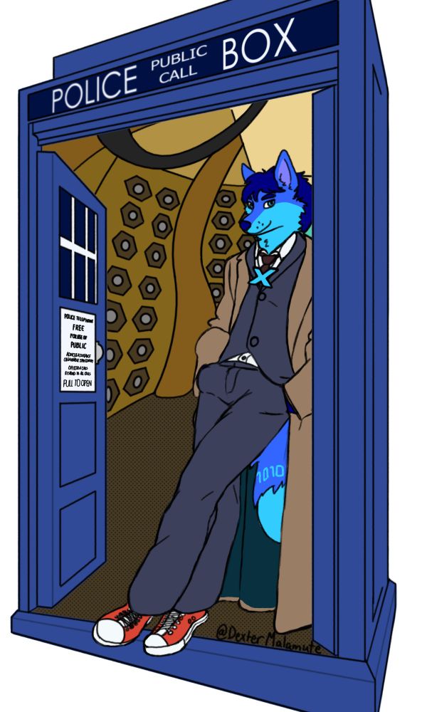 A blue fox wearing a rain coat, a blue X-cross necklace, standing on the doorway of the TARDIS (from the Dr. Who series), with red shoes. In the background, the inside of the TARDIS is visible.