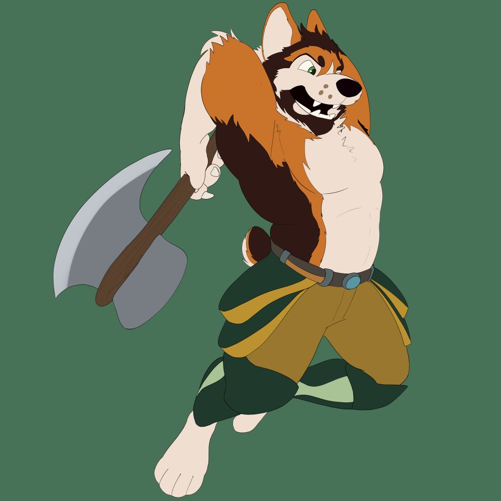 A corgi wearing armor over his thighs and shins, swinging an axe overhead